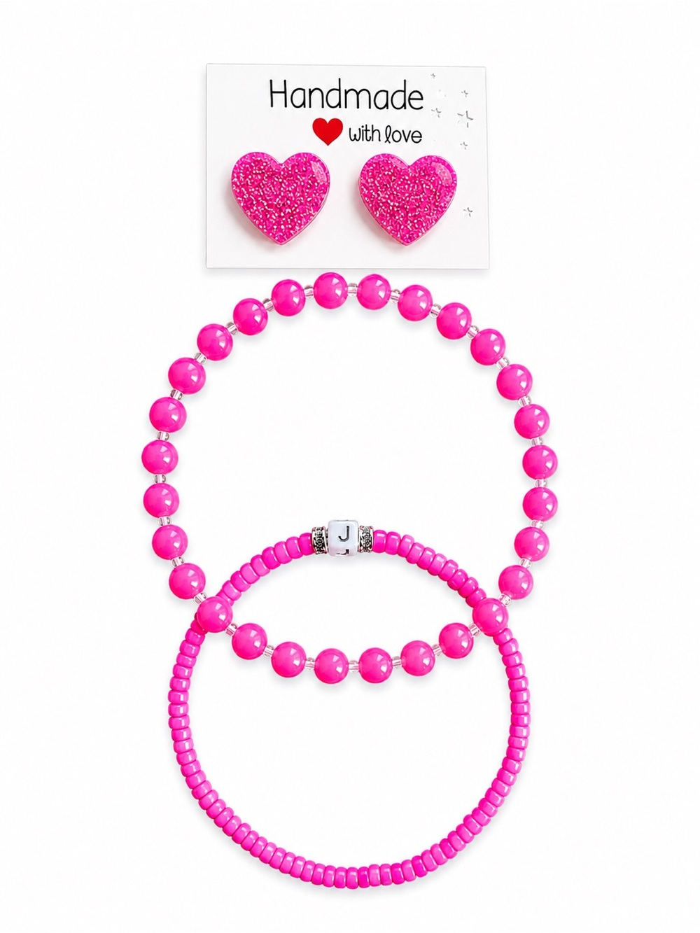 Handmade Bright Pink Heart Earrings & Bead Bracelet Set